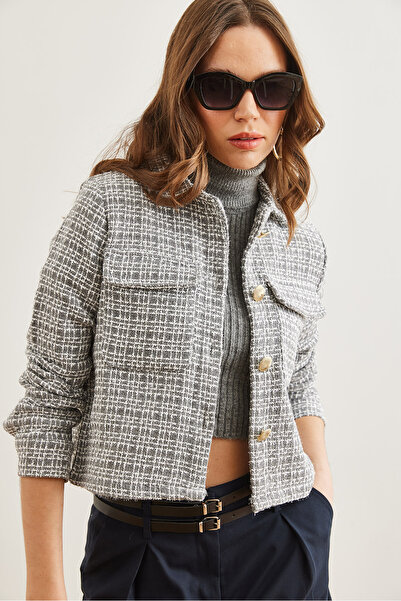 Olalook Női füstölt zsebgombos csillogó részletes Tweed dzseki CKT- 19000411