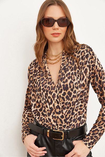 Olalook Damen-Body mit Leoparden-Stein, zweireihig, Schulter-Drapierung, detailliert, mit sechs Druckknöpfen, BDY- 00000052