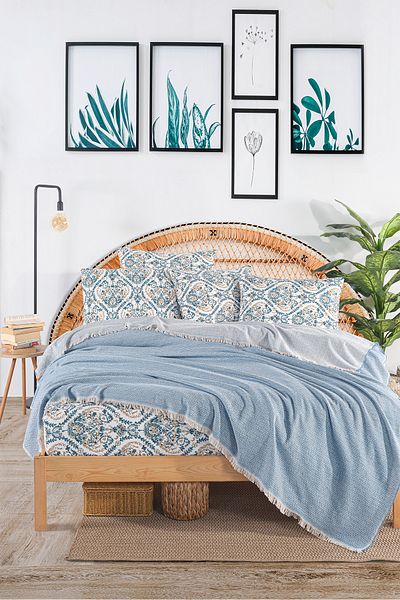 Evimemoda Double Pique Set with Elastic Sheets Code Oslo Blue