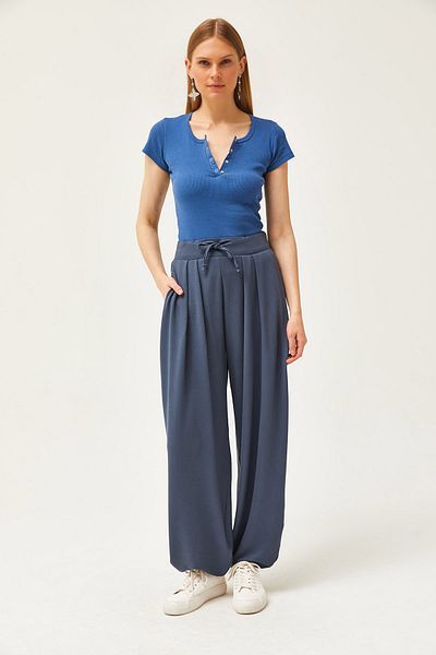 Olalook Damen-Schnürhose mit geräucherter Taille und weicher, strukturierter, fließender Shalwar-Hose PNT-19000273