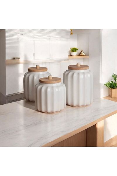 Lizzy Triple bamboo lid porcelain tea, sugar, salt, coffee jar storage container