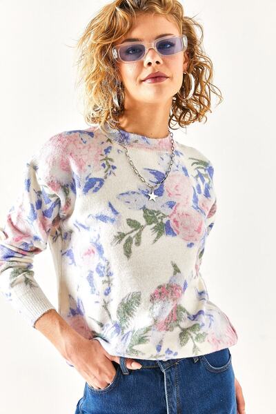 Olalook Kadın Ekru Saks Mavi Bisiklet Yaka Desenli Yumuşak Dokulu Premium Triko Kazak KZK-19000611