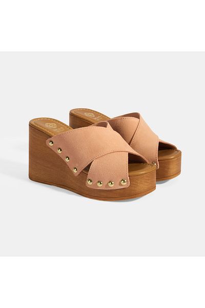 Desa Women's Powder Staple Detailed Suede Wedge Heeled Slippers