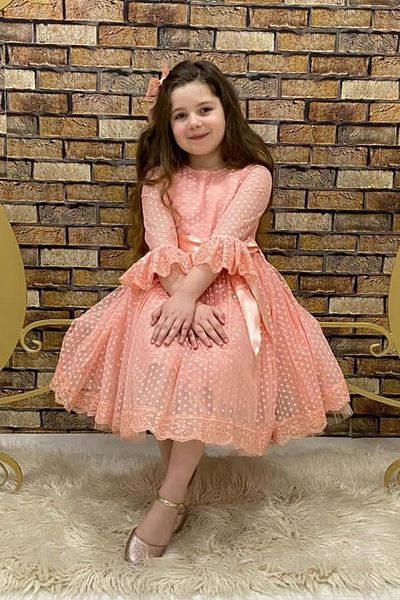 Mnk Colorful French Lace Buckle Girls' Dress Salmon