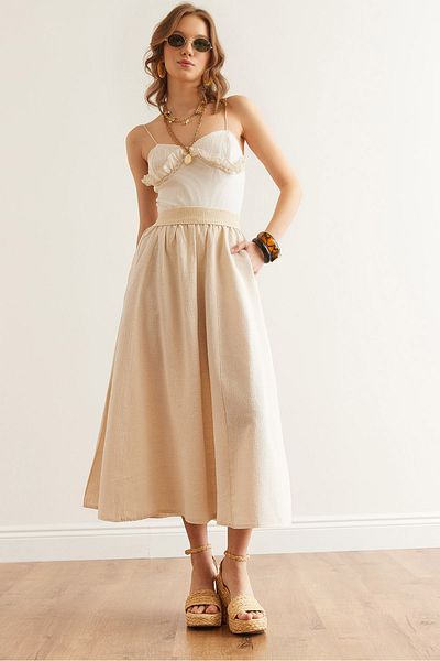 Olalook Women's Ecru Guipure Belt Detailed Pocket Buckle Linen Skirt Etk-19000299