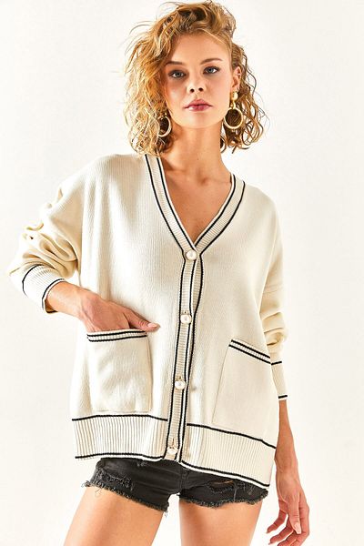 Olalook Women's Ecru Stripe Detailed Oversize Knitwear Cardigan with Pockets HRK-19000232