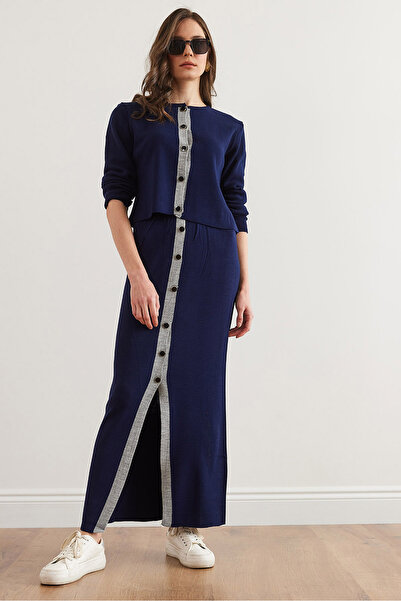 Olalook Жіночий темно-синій верхній кардиган спідниця спідниця на ґудзиках светр костюм TKM19000344