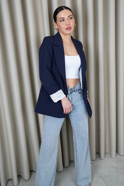 Stil Sepeti Jachetă blazer premium cu căptușeală cu dungi pentru femei, albastru bleumarin, cu buzunar dublu DRL- 1000540020
