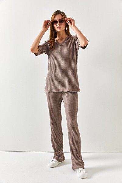 Olalook Women's Mink Top V-neck Bottom Palazzo Corded Suit TKM-19000212