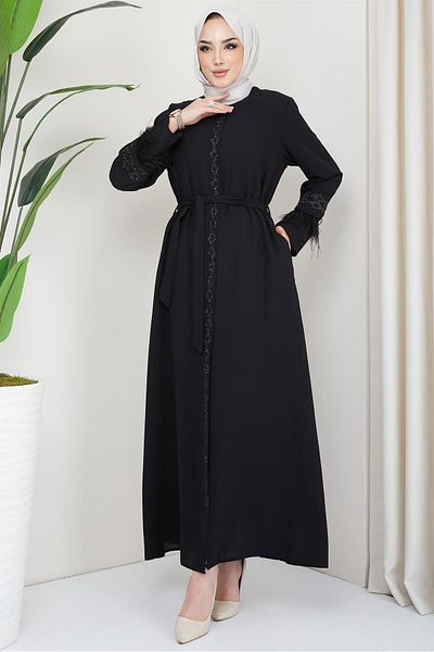 hafsamina Black Ferace with Feather Detail and Belt