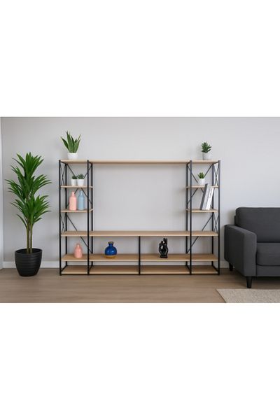 Generic Wooden TV Unit 4 Shelves 160cm Open Design with Malaysian Wood Shelves and Metal Base - Wood Color