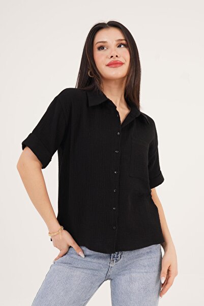 Hipo Trend Cămașă neagră de muselină cu mânecă scurtă