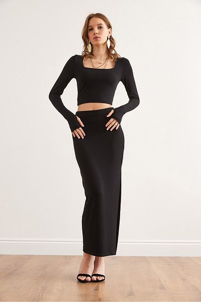 Olalook Women's Black Top Toed Blouse Bottom Slit Skirt Suit Tkm- 19000351