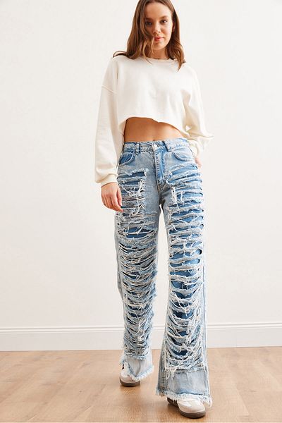 Olalook Blugi de damă din denim cu buzunar cu detalii cu laser albastru - picior lat cu spate elastic JEA- 19000116