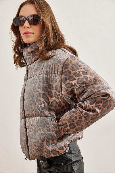 Olalook Women's Coffee Leopard Print Shiny Puffer Jacket with Pockets Mnt- 19000046
