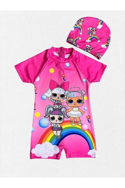 Fil Kids Girl's Pink Lol and Rainbow Print Short Sleeve Quick Dry Tight Woven Bonnet Swimsuit