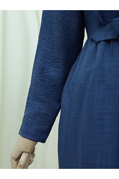 Modamorfo Λινό φόρεμα με γιακά με μισό κουμπί - Indigo