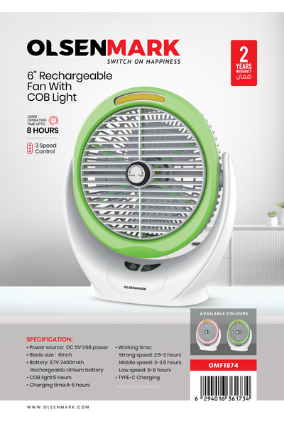 Olsenmark 6" Rechargeable Mini Fan With Emergency Light Omf1874, Long Working Hours, 2400mah Lithium Battery