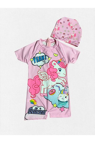 Fil Kids Girl's Pink Unicorn Donut Pattern Short Sleeve Quick Dry Tight Woven Bonnet Swimsuit