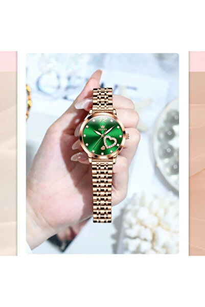OLEVS Ceas De Dama Cs1689, Otel Inoxidabil, Rose Gold, Cadran Verde