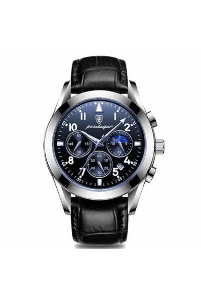 POEDAGAR Ανδρικό Ρολόι Cs1338, Γνήσιο Δερμάτινο Λουρί, Μαύρο/Ασημί, Μπλε Καντράν