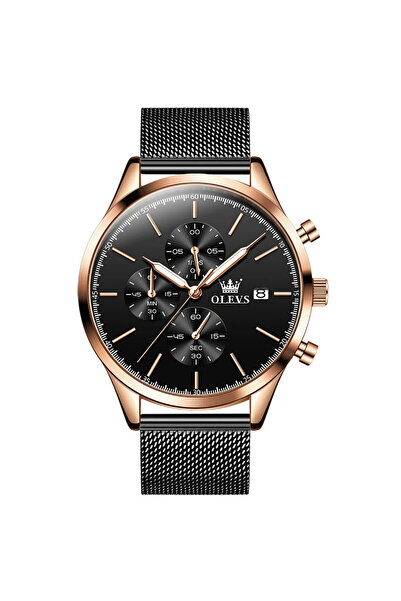 OLEVS Мъжки часовник Cs1654, неръждаема стомана, черно-розово злато, черен ци...