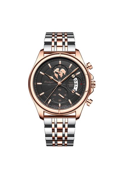 POEDAGAR Men's Watch Cs1452, Stainless Steel, Silver-Rose Gold, Black Dial