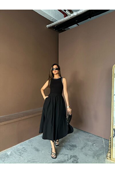 Ekim Store Black Strappy White Striped Balloon Skirt Dress