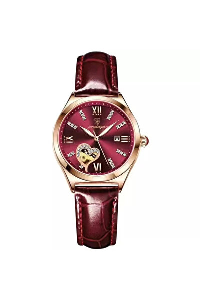 POEDAGAR Women's Watch Cs1519, Genuine Leather Strap, Red, Red Dial