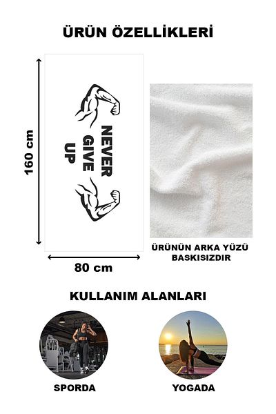Doruklar Home Collection Never Give up Patterned Digital Printed Sports Towel Fitness Towel 80X160 Spr04