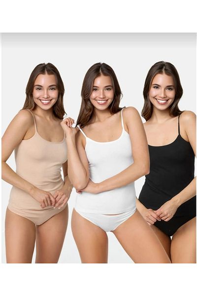 Şenay Women's Cotton 3-Piece Basic Rope Strap Tank Top