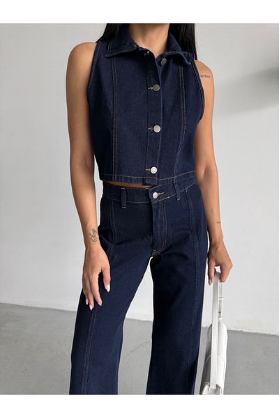 Ekim Store Sötétkék mellény nadrág farmer szett