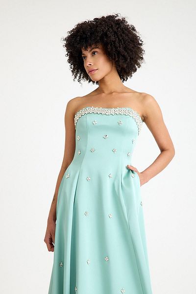 SpringStore Mint Strapless Satin Evening Dress with Stone Embroidered Collar