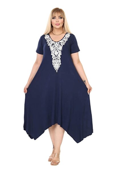 kısmet sepeti Women's Large Size Navy Blue Viscose Knitted Collar Stylish Dress