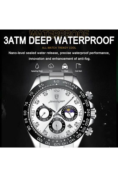 POEDAGAR Men's Watch Cs1447, Stainless Steel, Silver, Black Dial
