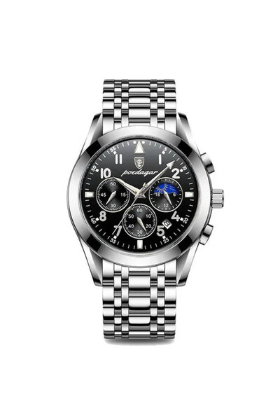 POEDAGAR Ανδρικό Ρολόι Cs1334, Ανοξείδωτο Ατσάλι, Ασημί, Μαύρο Καντράν