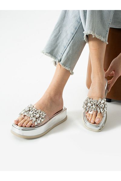 ALEMDAR AYAKKABI Lustra Silver Stone Detailed Women's Slippers