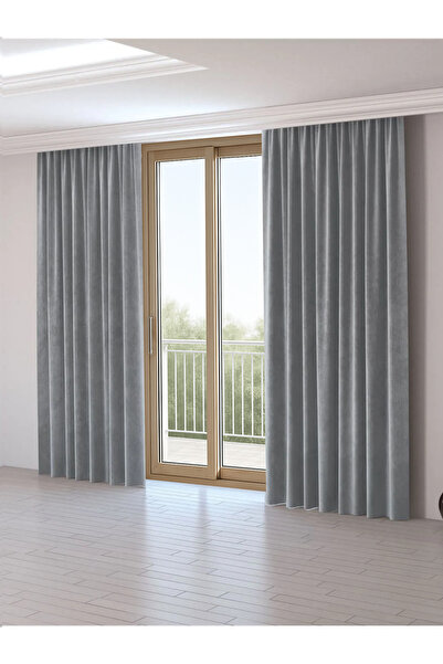 SamLive Kadife Dokulu Açık Gri Ekstrafor Büzgülü Yüksek Kalite Fon Perde Tek Kanat