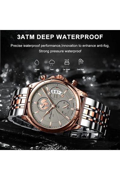 POEDAGAR Men's Watch Cs1452, Stainless Steel, Silver-Rose Gold, Black Dial