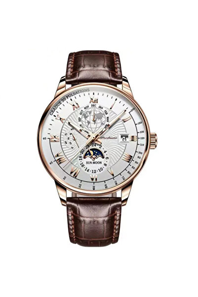 POEDAGAR Ανδρικό Ρολόι Cs1357, Λουράκι από Φυσικό Δέρμα, Καφέ, Λευκό Καντράν