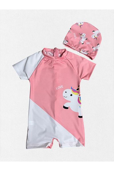 Fil Kids Girl's Puppy Mouth Color Unicorn Love Pattern Short Sleeve Quick Dry Tight Woven Bonnet Swimsuit