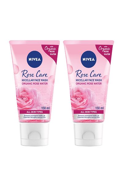 NIVEA غسول الوجه المنظف ميسيلار من روز كير، برائحة الورد العضوي، لجميع أنواع البشرة، عبوة من قطعتين، 150 مل