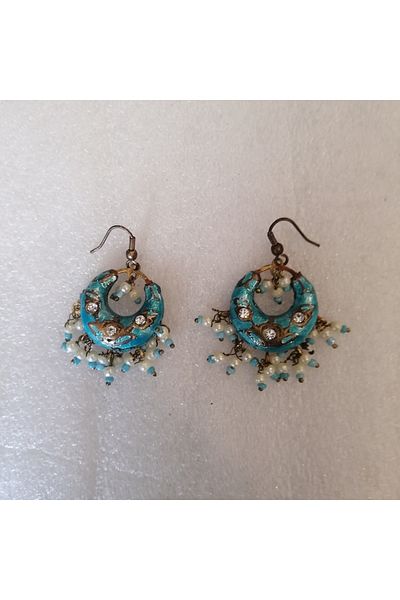Butik Tülin Authentic Handmade Ceramic Blue Bright Stone Pearl Bead Moon Earrings 4.5X2.5Cm Indian Made