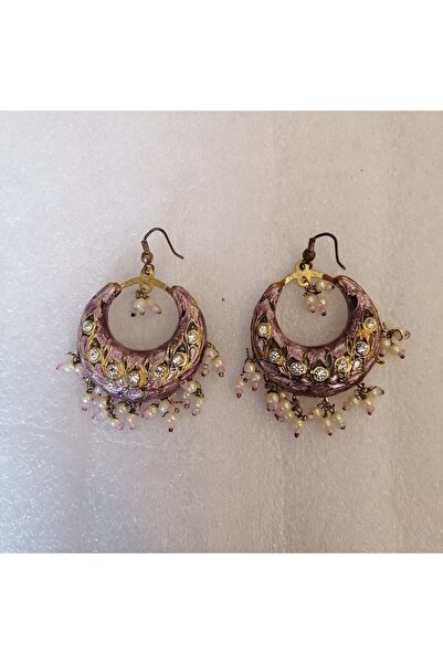 Butik Tülin Otantik el yapımı seramik lila metalik parlak taşlı inci boncuklu ay küpe 5.5x3.5 cm Hint Malı