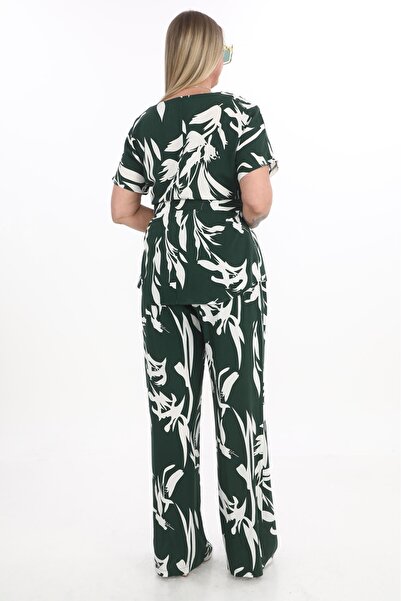 etselements White Patterned Crew Neck Belted % Cotton Blouse Pants Suit 4050 Petrol Color