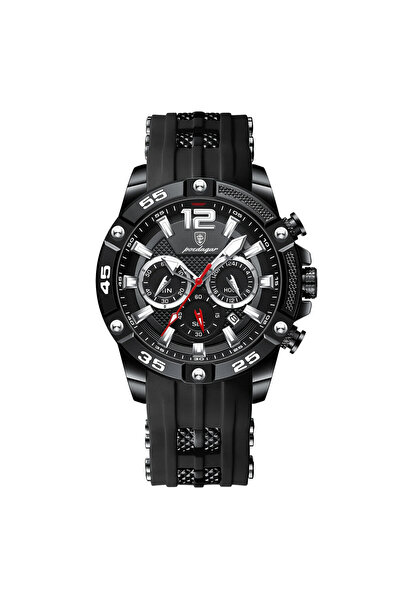 POEDAGAR Ceas Barbatesc Cs1486, Curea Silicon, Negru, Cadran Negru