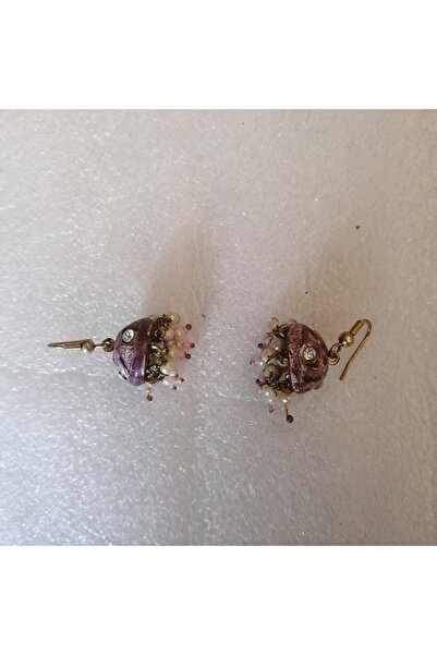 Butik Tülin Otantik el yapımı seramik lila metalik parlak taşlı inci boncuklu çan küpe 3x1.5 cm Hint Malı