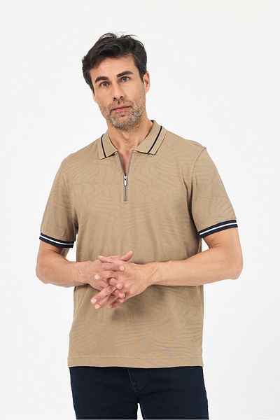 ENQUE Ανδρικό μπλουζάκι Basic Jacquard με υφή μπεζ με φερμουάρ Polo γιακά που δεν κυρτίζει 100% βαμβακερό μπλουζάκι με λεπτή εφαρμογή