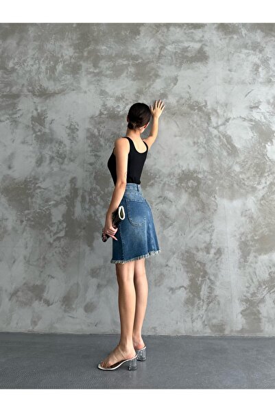 Bluezoni Fusta de denim din lycra albastru închis, mini, lungime scurtă, cu nasturi în față