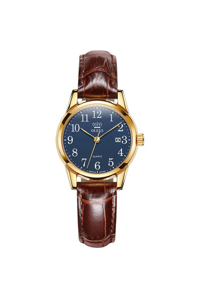 OLEVS Ceas De Dama Cs1556, Curea Piele Naturala, Maro, Cadran Albastru